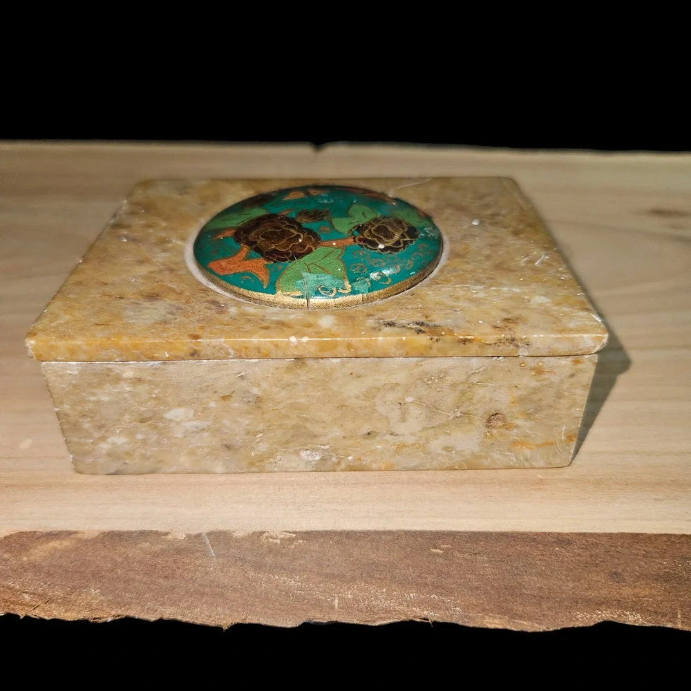 Vintage Marble Trinket Box Enamel Floral Butterfly Lid India